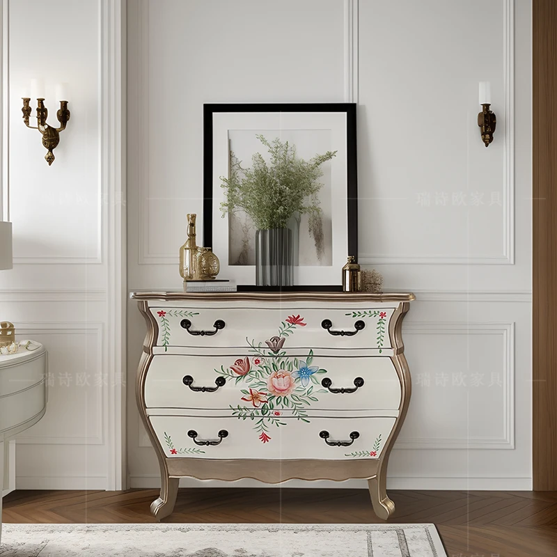 Antique French-Style Solid Wood Green Chest of Drawers Living Room Furniture with Wooden Drawing Cabinets