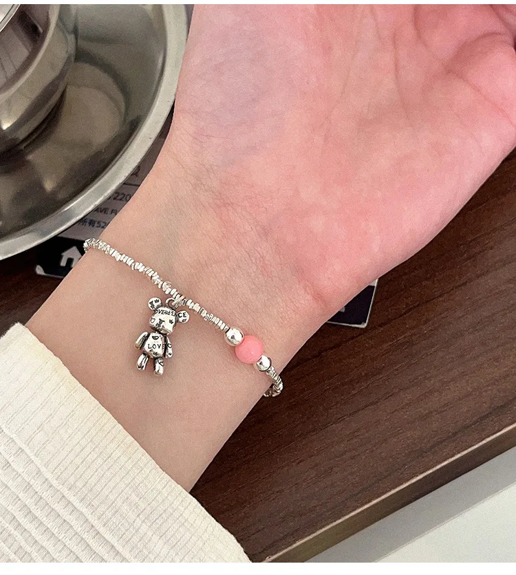 Temperament S925 Pure Silver Teddy Bear Charm Bracelet Female Style Pink Crystal Fashion Jewelry Wholesale