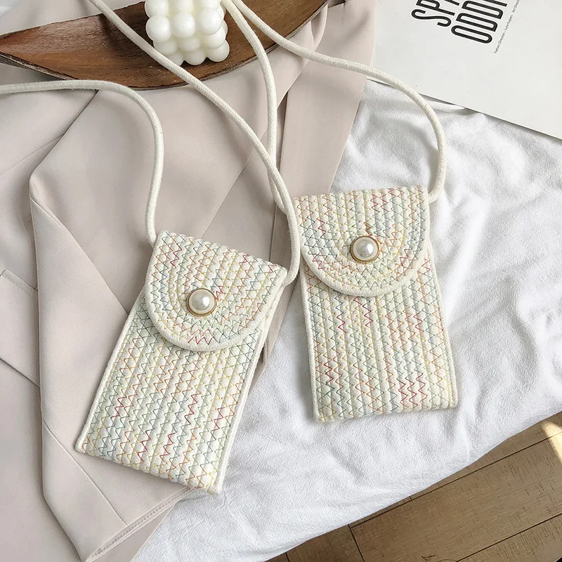 The 2024 New Pearl Contracted Mobile Phone Zero Wallet Cotton Thread Woven Contrast Color Stripe Small Bag