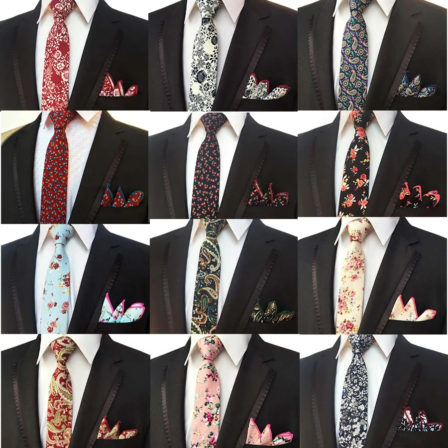 
 Floral Ties for Men Printed Cotton Tie with Matching Pocket Square Mens 6cm Slim Neck Tie Skinny Necktie for Wedding Party  