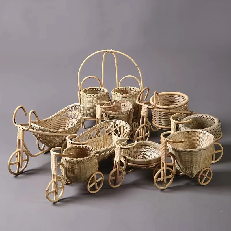 Bicycle Decorative Flower Basket Bamboo Rattan White Tricycle Design Flower Basket Storage Home Decoration Woven Storage Basket