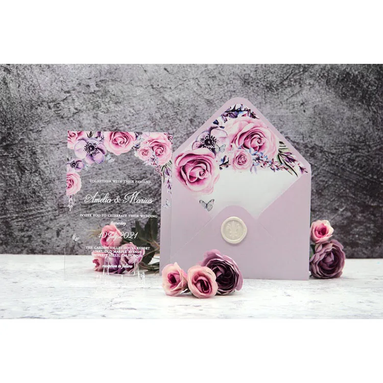 Luxury Acrylic Vintage Flowers Pink Peony Purple Anemone Floral Roses Transparent Plastic Uv Printed Wedding Card
