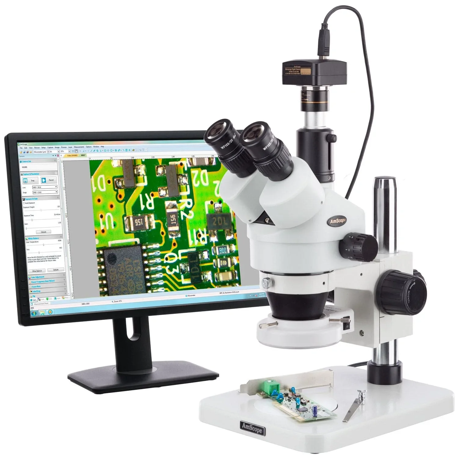AmScope 7X-45X Dissecting Circuit 144-LED Zoom Stereo Microscope + 1.3MP Digital Camera