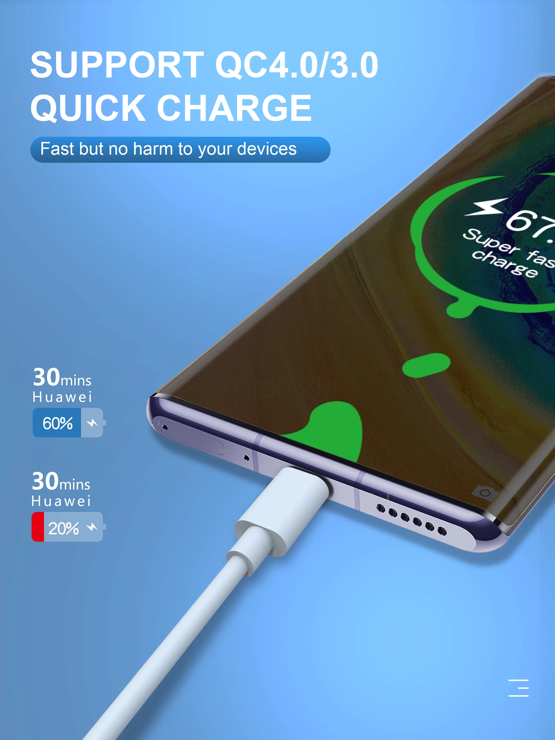 Сверхбыстрый зарядный кабель 5 А Type-C USB A-USB C для передачи данных Huawei