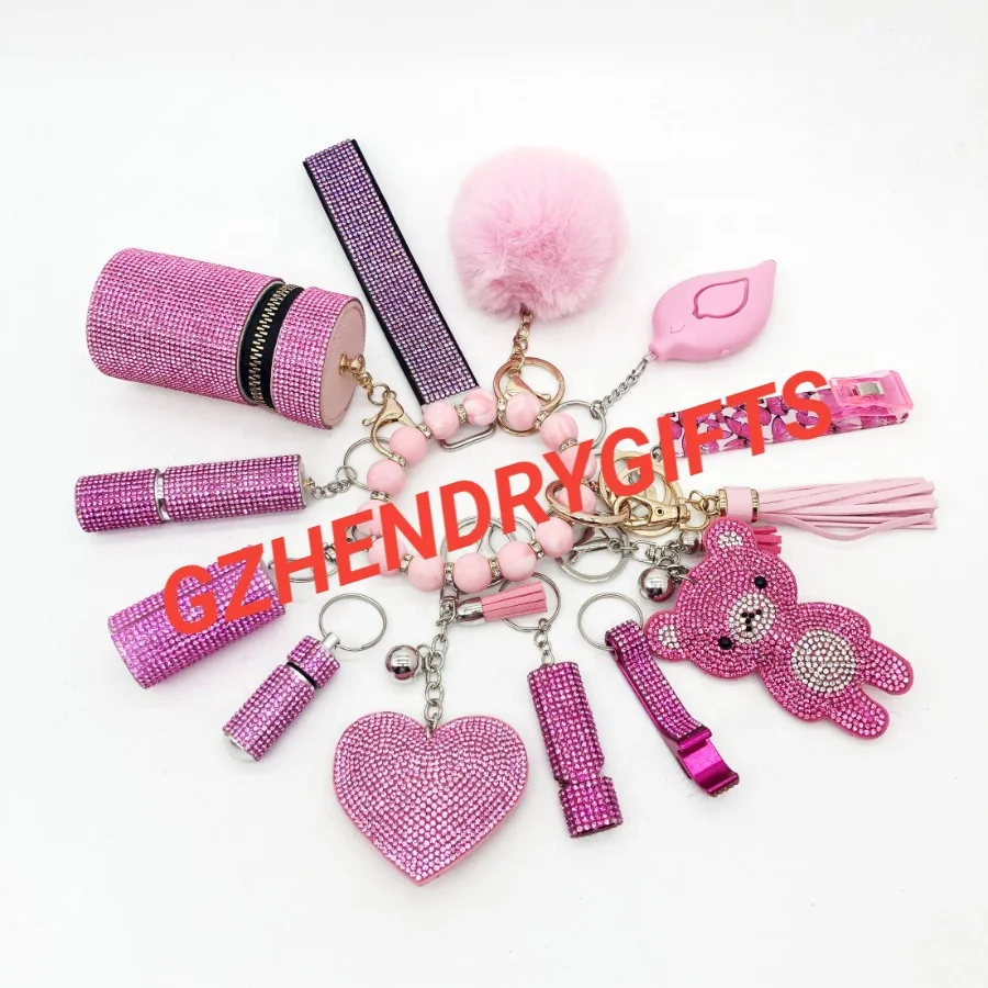 Wholesale Rhinestone Self Defense Supplies Glitter Spray Shell Self-defense Tool Keychain Set Women Bling Self Defense Keychain