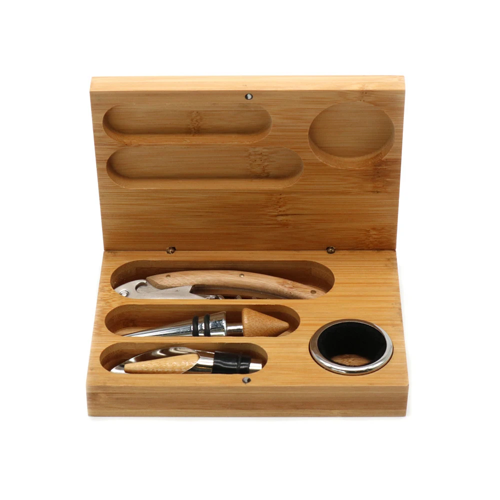 Wine Opener Gift Set with Wooden Box,  4 in 1 Bamboo Wine Corkscrew Wine Accessories Set Wooden Box