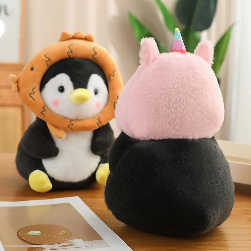 Cosplay Toast Penguin Stuffed Animal Wearing Unicorn Hat Bunny Hat Penguin Plush Toys Holding Boba Customized Pattern Brand Logo
