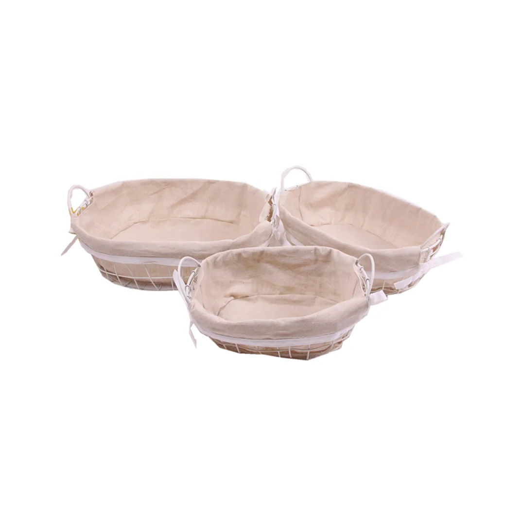cheap power coated wholesale oval small bread wire baskets fruit basket with fabric liner set of 3