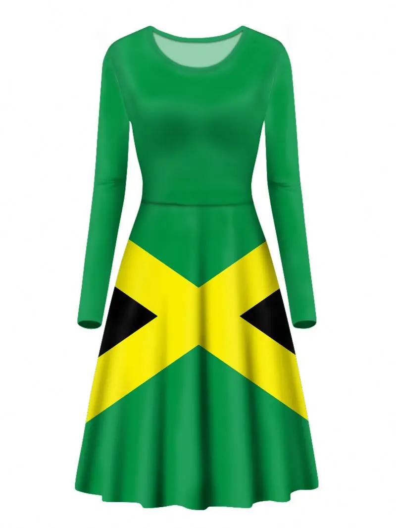 Wholesale Women Casual Dress Summer Jamaica Flag Print Loose Swing Short Sleeve Knee Length V Neck Elegant Tunic Dress