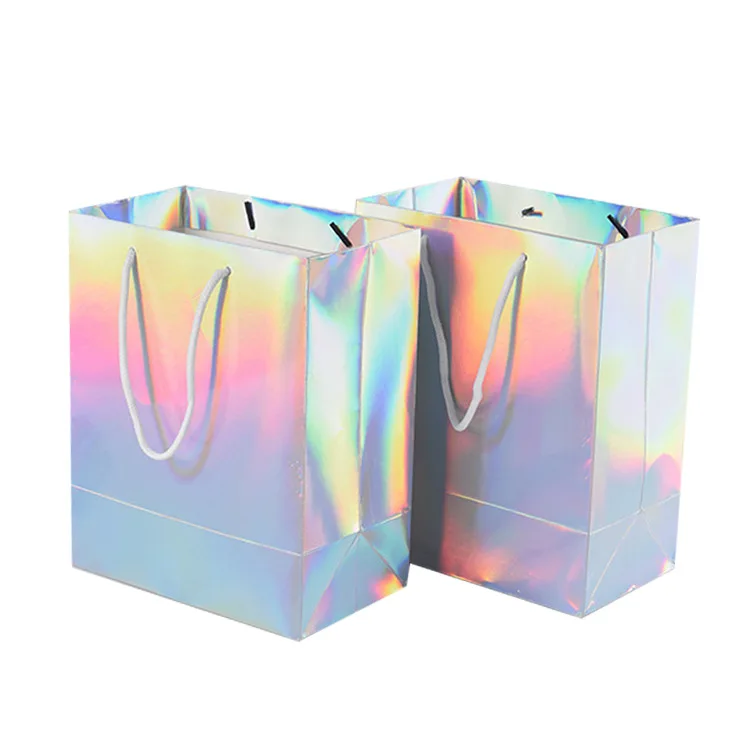 Fancy gradient holographic color cosmetic makeup clothing packaging bag skincare clothes t shirt shopping gift paper packing bag