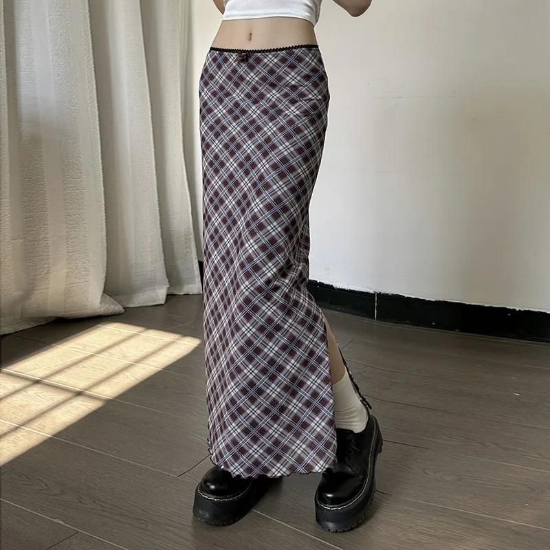 GIMILY oem custom American style college style fashionable plaid split skirt Sexy and versatile mid length diamond plaid skirt