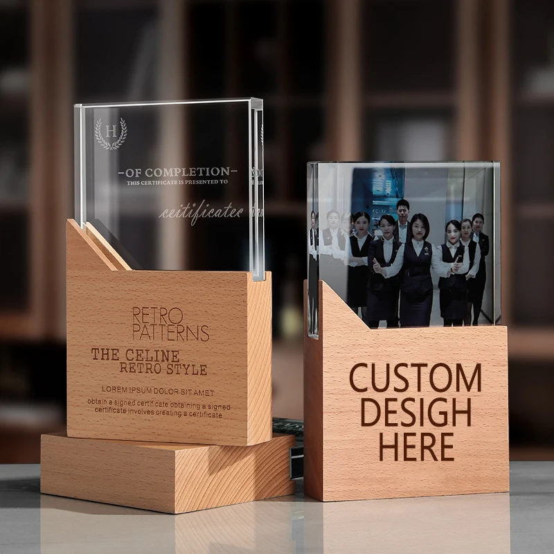 Wholesale Block Souvenir Music Piano Sample Manufacturer 3D Glass And Wood Shield Wooden Award Gold Plaque Trophy with Wood Base