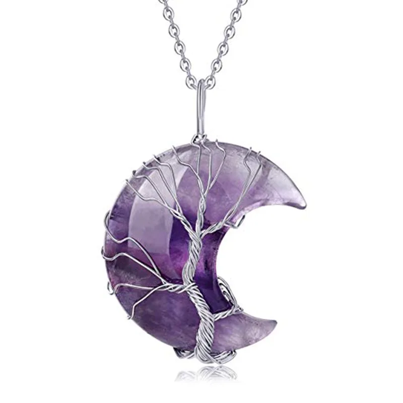 Wire Wrapped Moon Pendant Tree of life Chakra Jewelry Pendants Amethyst Rose Chakra Crystal Gemstone Necklace