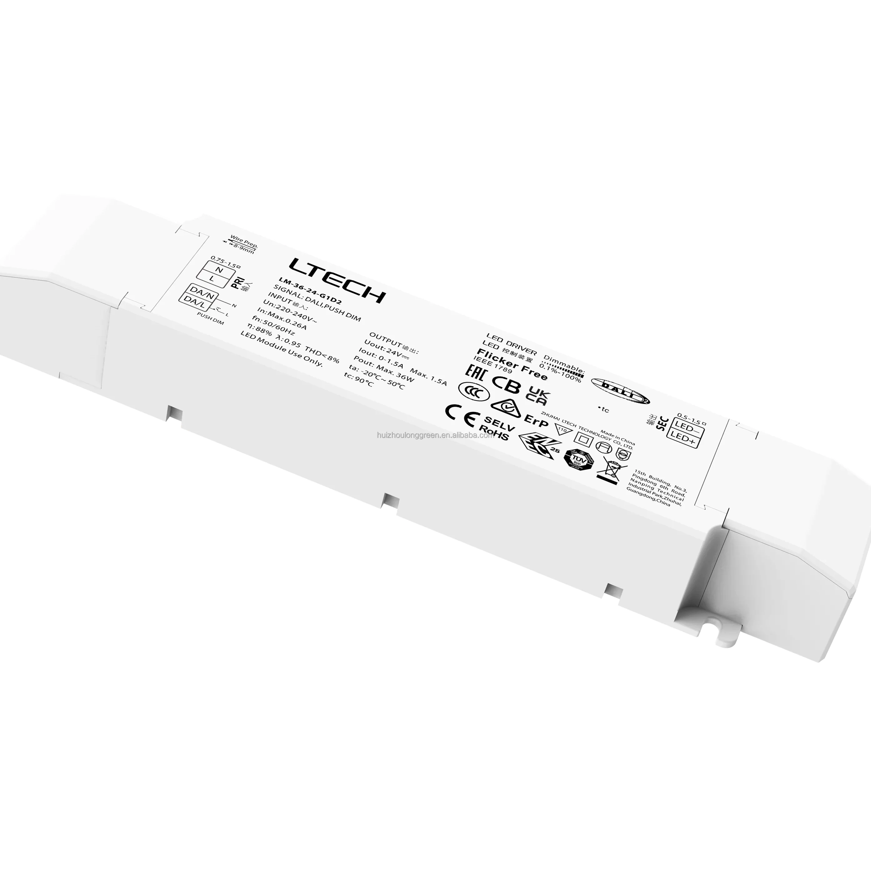 LM-36-24-G1D2 Ltech 36W 24VDC CV DALI-2 Push Dim Constant Voltage Flicker Free Dimmable LED Driver