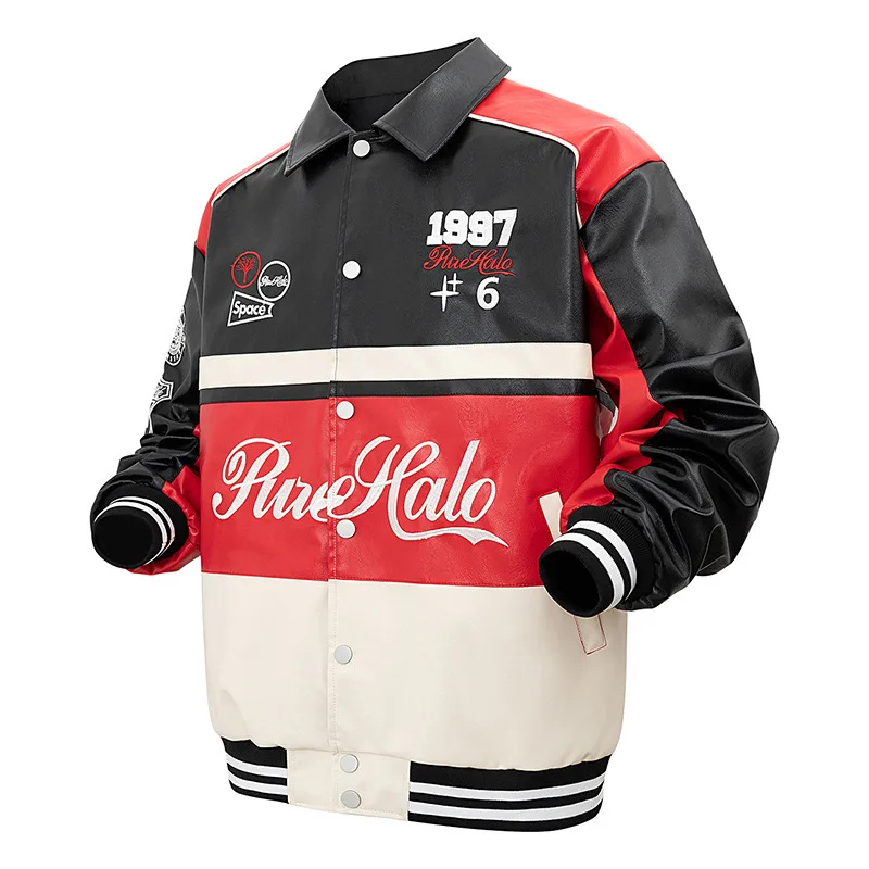 Custom Material Retro Lettermen Bomber Racing Jacket Color Blocking Heavy Duty Racing Suit Motorbike Jacket For Men