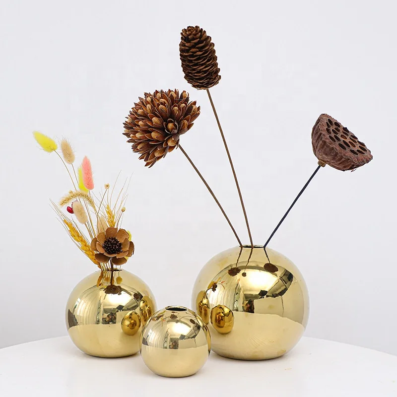 Creative Ball Shaped Dry Flower Vase Nordic Light Luxury Gold Porcelain Vase Morandi Color Indoor Ceramic Vase
