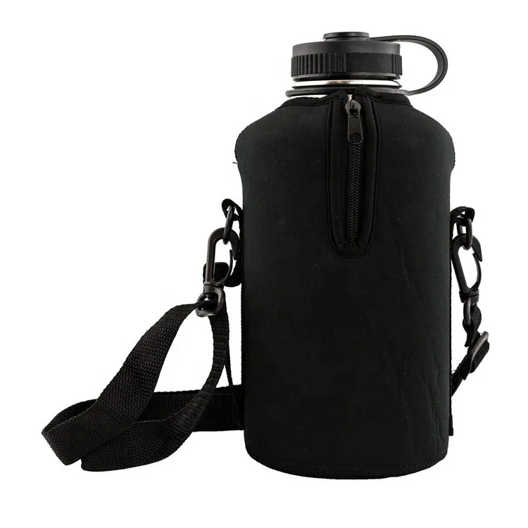 Logo Printed 64 OZ Insulated Water Bottle Sleeve Black Neoprene Growler Carrier