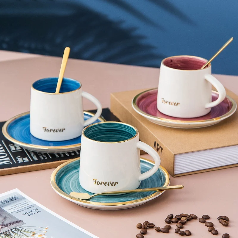 Painted Starry Sky Colorful Gold Rim Creative Ceramic Espresso Cup and Saucer Set with Spoon