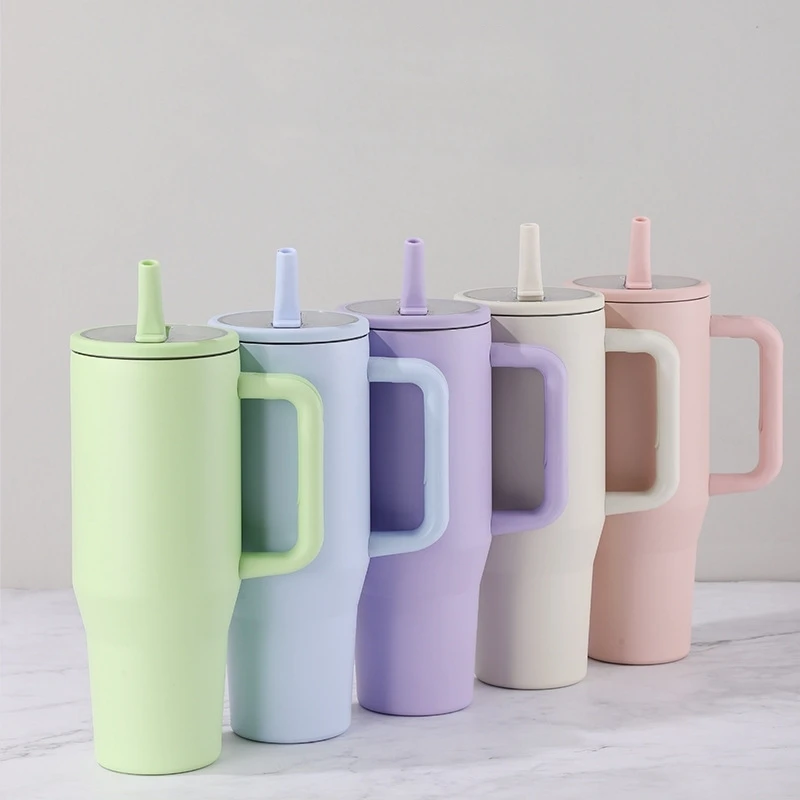 Wholesale Custom Logo Stainless Steel Leak Proof Tumbler Vacuum Insulated Coffee Mug 40oz Flip Straw Tumbler with Handle