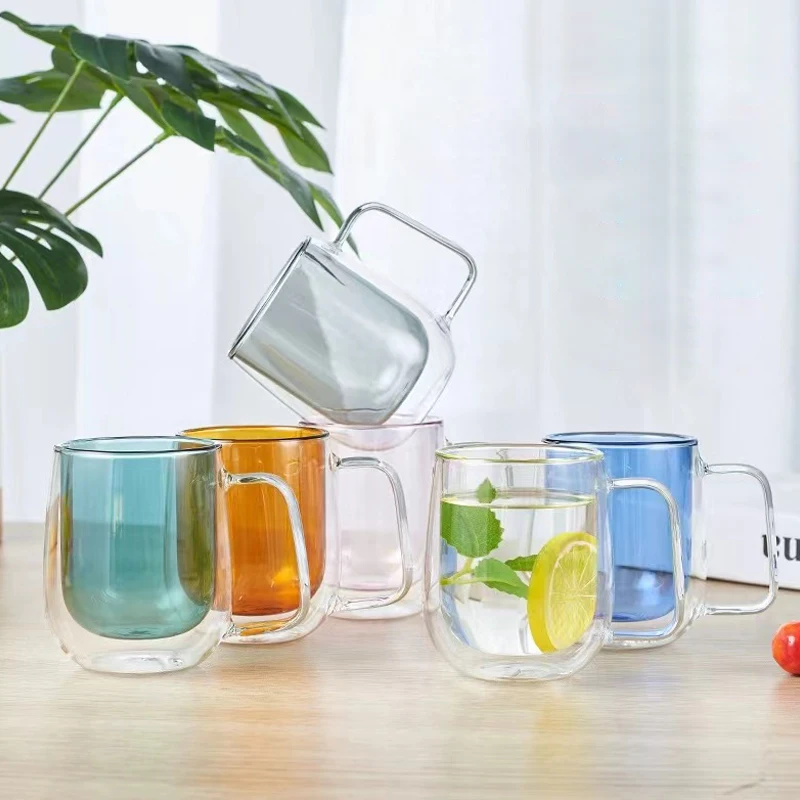 250ml Wholesale Fashion Double wall Glass Cup colored tea cup with handle