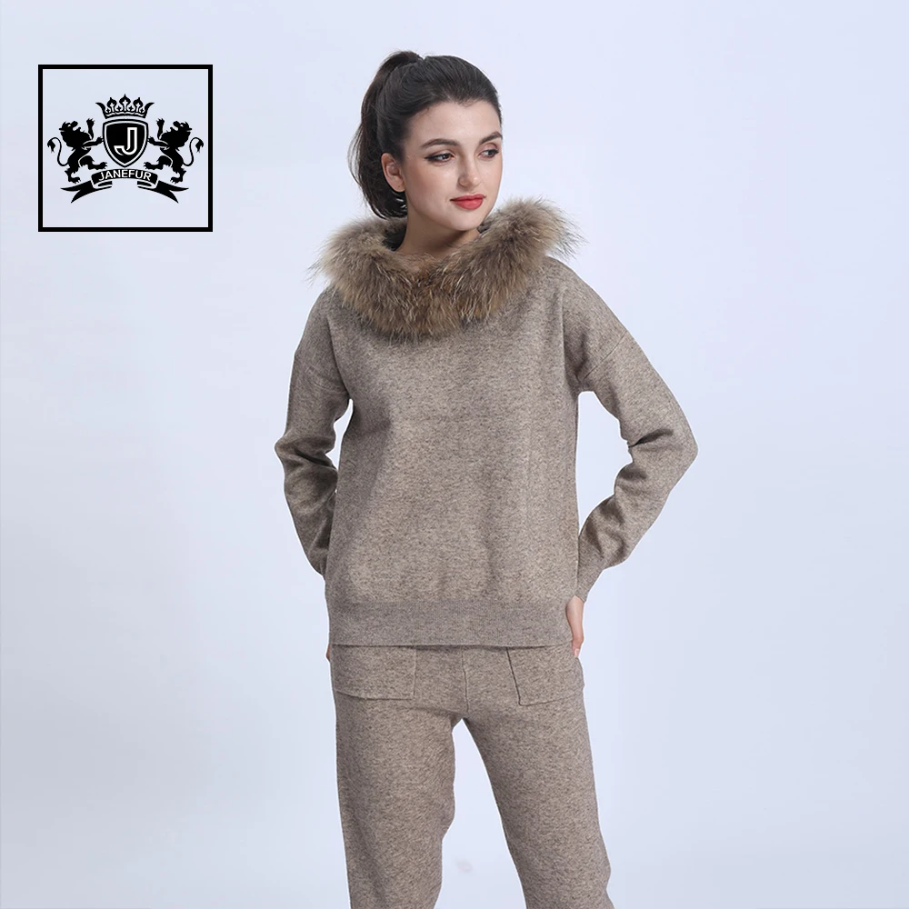 2022 Autumn Winter Knit Sweater Knitwear Set  Knitted Women Raccoon Fur Hooded Sweater Suits Set