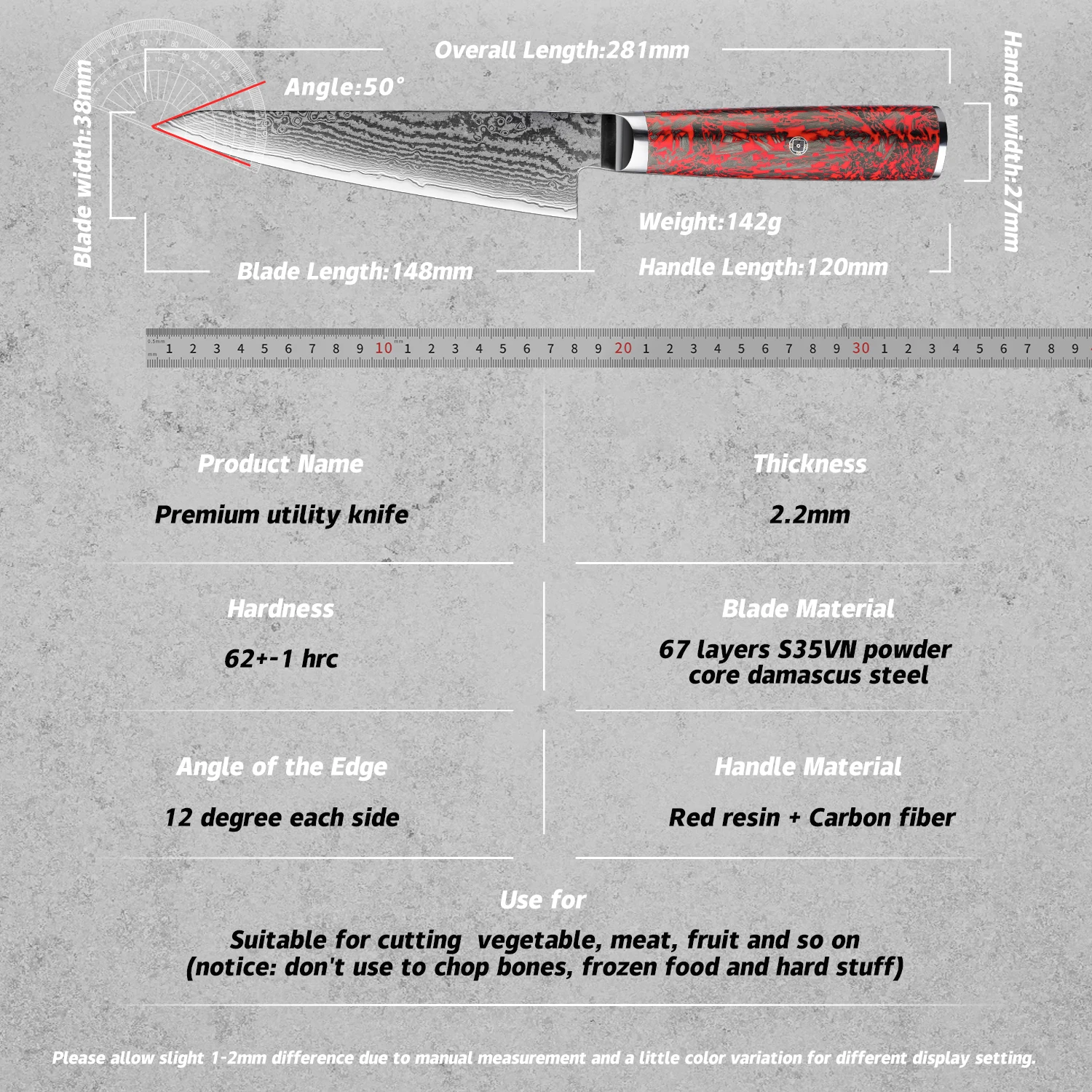 5.8' 67 Layers Damascus Steel Utility Kitchen Knife Premium Japanese Multifunction Utility Knives Carbon Fiber Red Risen Handle