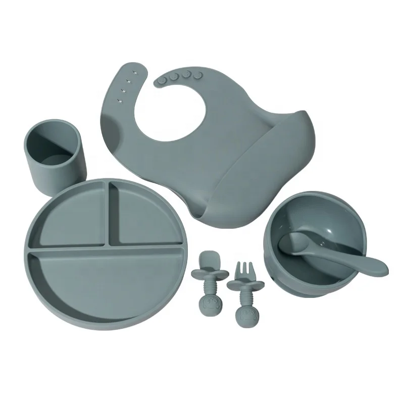 2024 Baby Plates Sets Silicone Feeding Kids Weaning Dinner Silicone Suction Plates Spoon And Bib Set For Babies