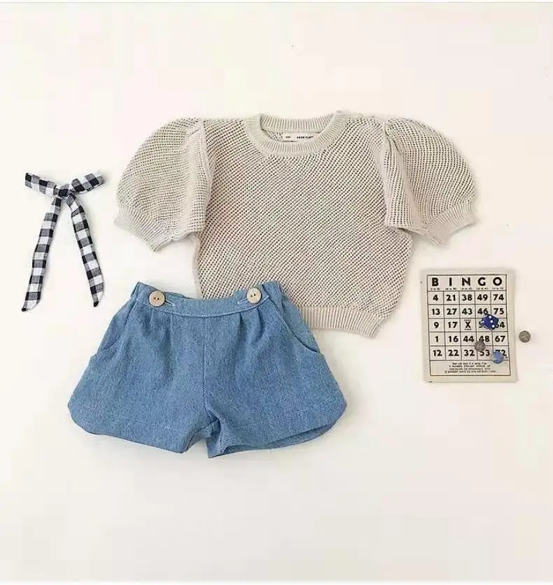 
Spring summer girls hollow out tops plain casual kids puff sleeve tops 