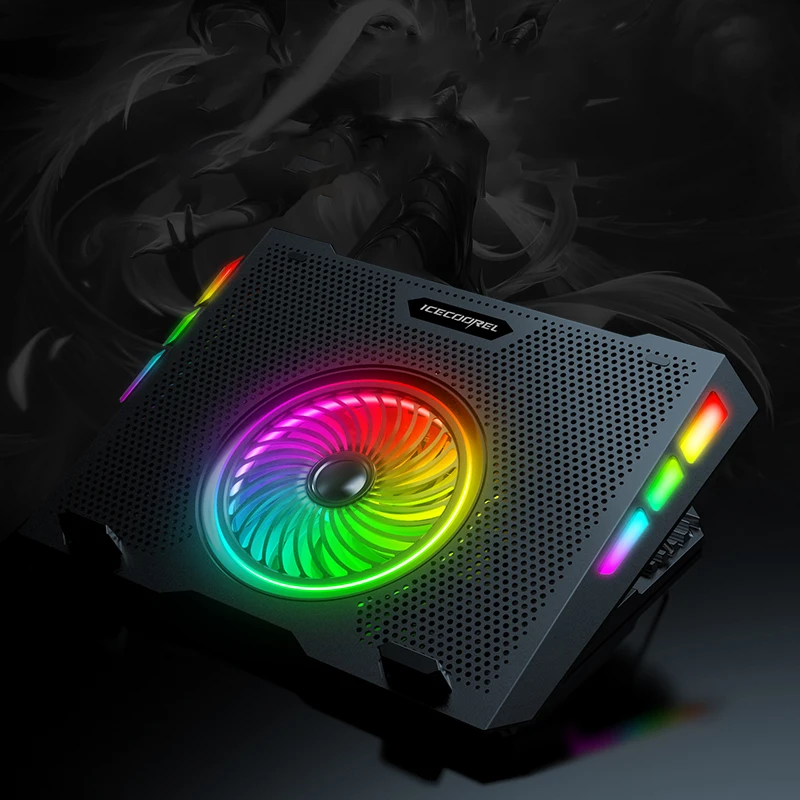Gaming Rainbow lights RGB notebook cooling pad ergonomic stand with 5 fans 2 USB port Roller switch support OEM ODM Spot stock