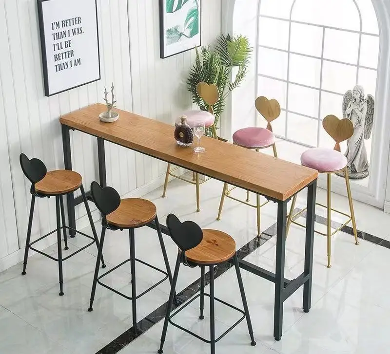 Hot Sale Rectangle Restaurant Furniture Cafe Metal Wood Long Bar Table For Sale