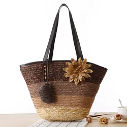 PU Handle Summer Travel Ombre Wide Colorful Stripes Flower Decoration 2Pcs Set Wheat Straw Basket Tote Beach Bag with Coin Purse