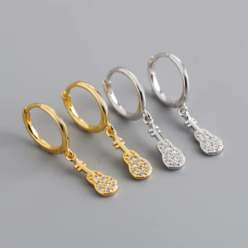 Fine Zircon Guitar Shaped Creative Sterling Silver S925 Platinum & Gold Plated Earring Diamond Silver Huggie Earrings
