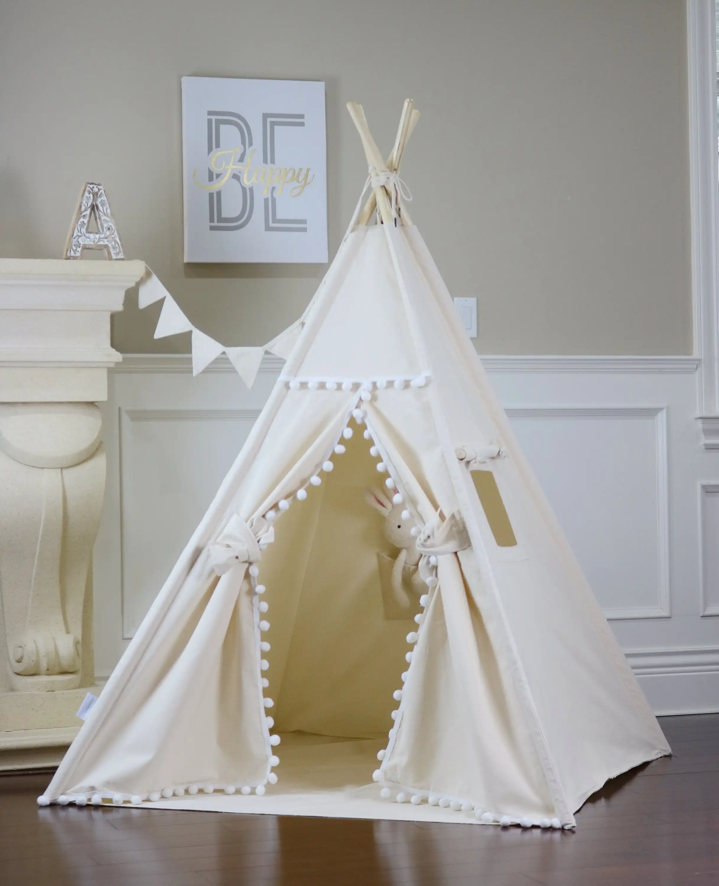 
Kids Teepee Tent - Kids Play Painting Tent for boys & girls indoor/outdoor with 4 Wooden Poles & Carry Bag, Beige Canvas 