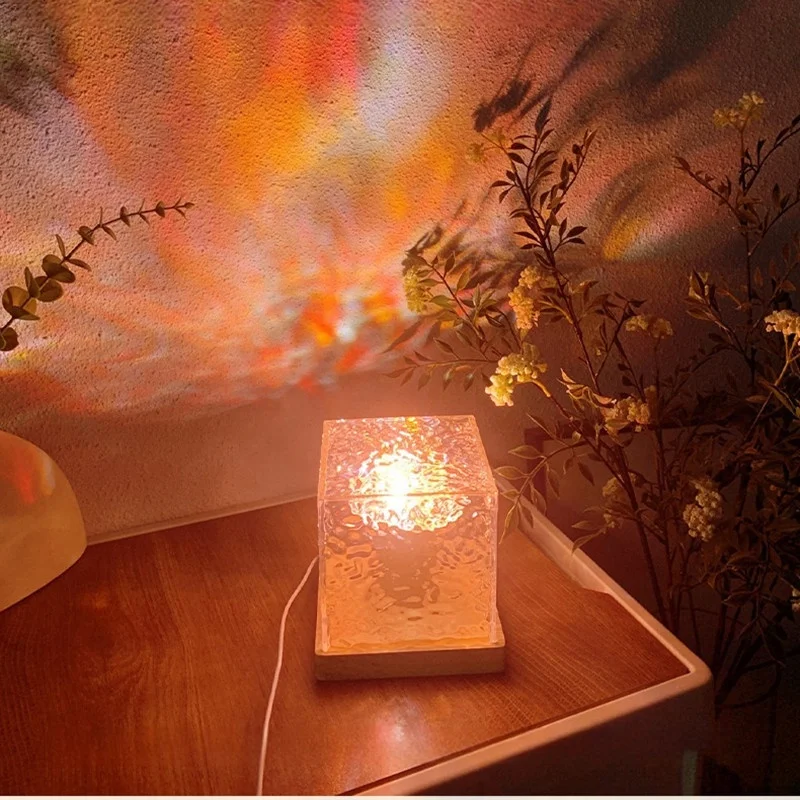 Lonvel Wood Acrylic Material Night Lamp RGB Remote Control Dynamic Rotary Water Wave Home Bedroom Living Room Decor Table Lamp