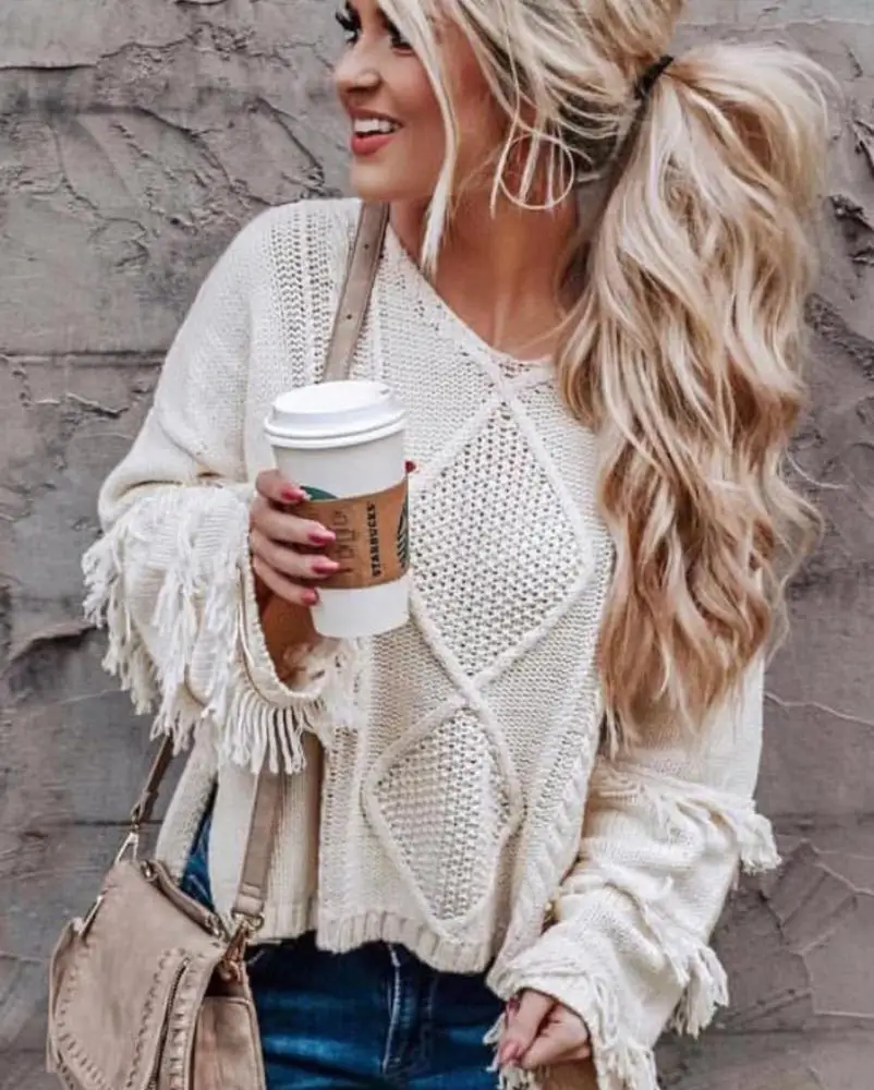 
ins Fashion Fancy Sweaters for Women Amazon Hot Sale Tassel Pullover Women Over sized Thick Sweater Women 