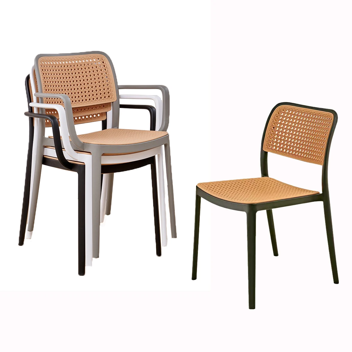 Wholesale furniture PP chair plastic rattan plaited articles design stacking chairs for dining room living room coffee shop