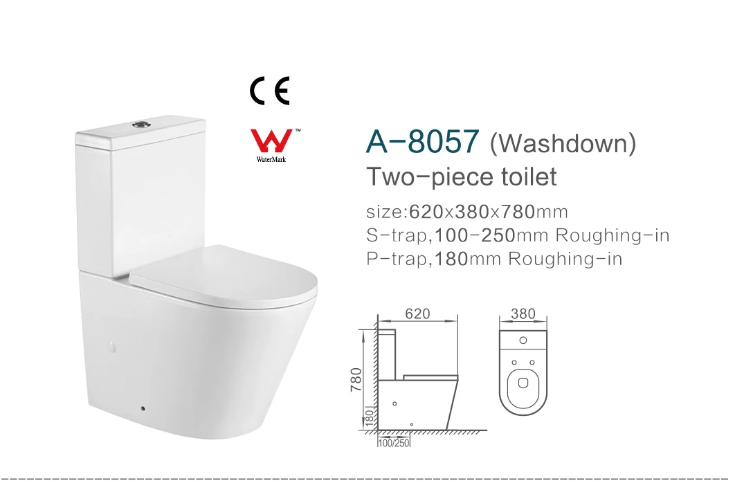 Australian ceramic two-piece floor mounting P trap tornado wc bathroom watermark rimless toilets