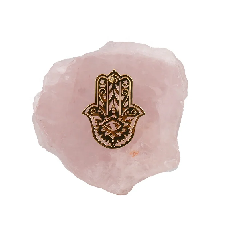 GMC28 Hamsa Hand Gold Pattern Energy Healing Reiki Polish Carved Rose Quartz Slab Crystal Craft