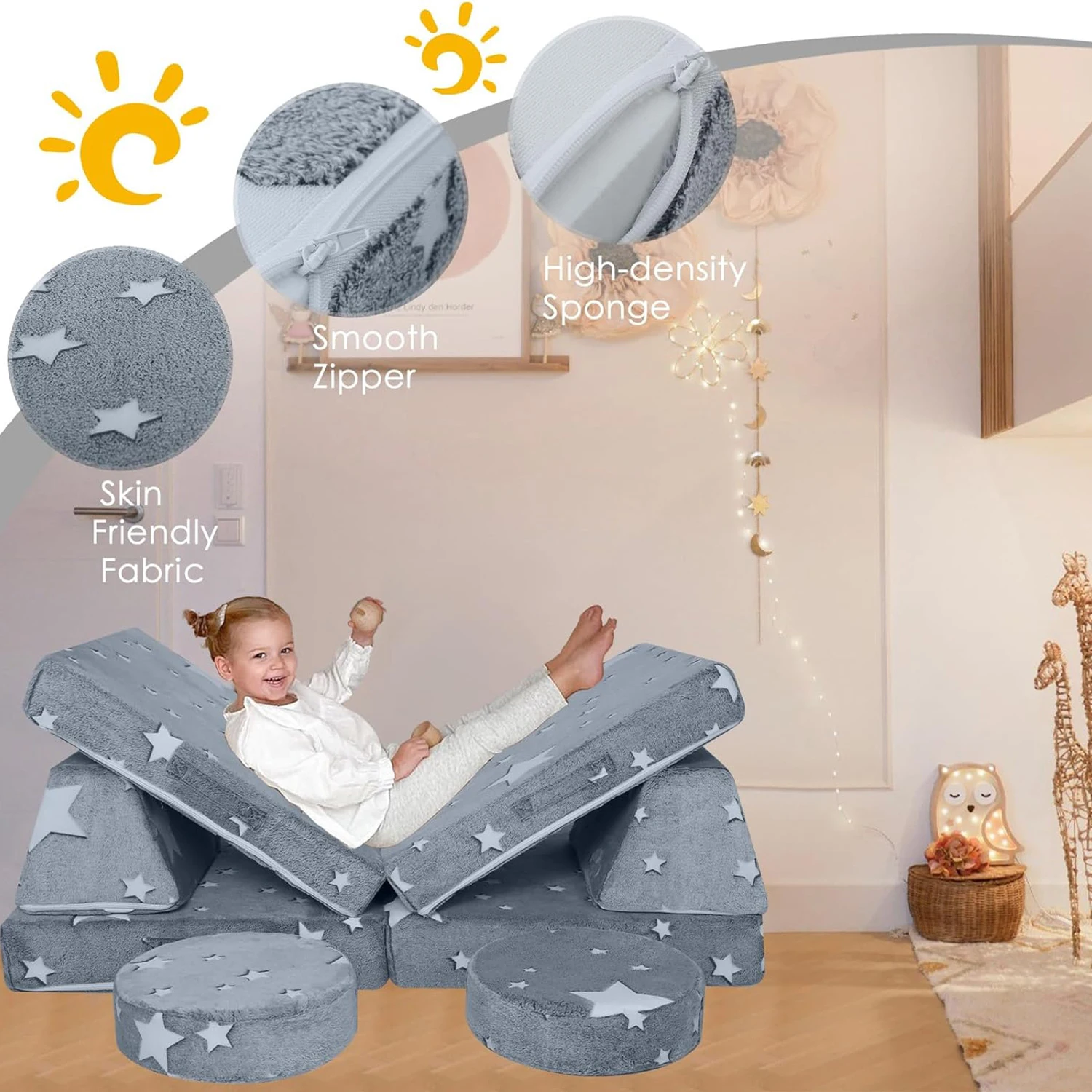 10-Piece Couch Sofa Modular Toddler Glow Sofa for Playroom Fold Out Play Couch Sectional Foam Couch Set for Kids