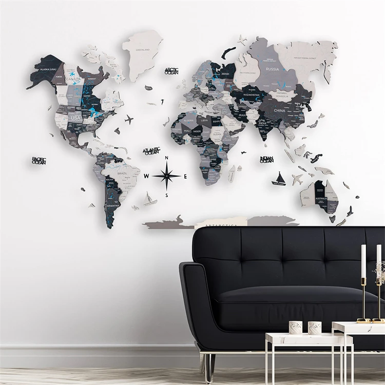 Factory Wholesale  For Home World Map Wall Decor Wooden 3D Decoration