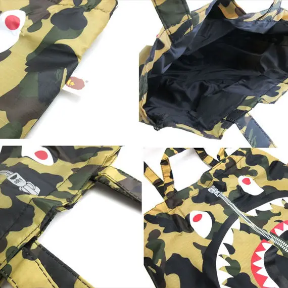 INS Hot BAPE Bags Camouflage Shark Red Eyes Black Teeth Print Simulated Zipper Tote Bags Trendy Shoulder Couple Bags