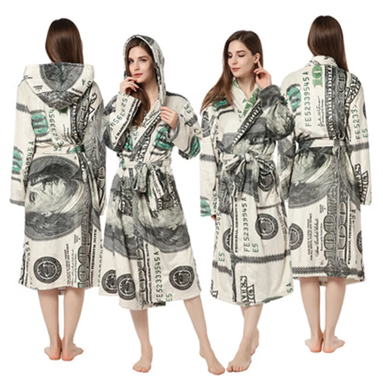 Flannel velvet bath robe bathrobes nightgown pajamas dollar billion women money print robes