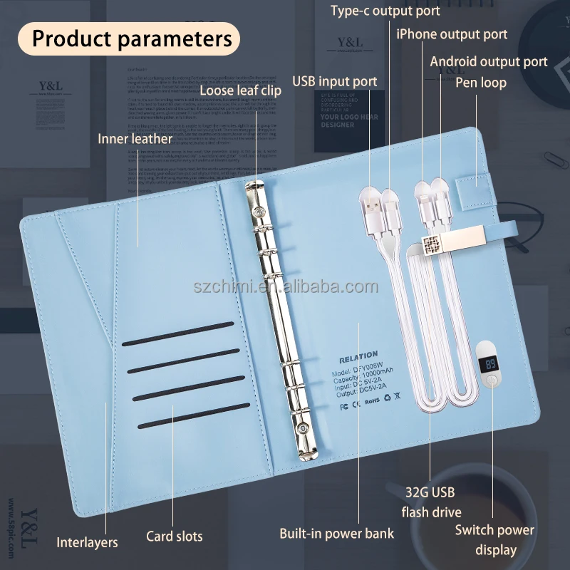 A5 Powerbank Notebook with Customizable Wireless Notebook for iphone Smart Notebook with 10000 Mah Powerbank