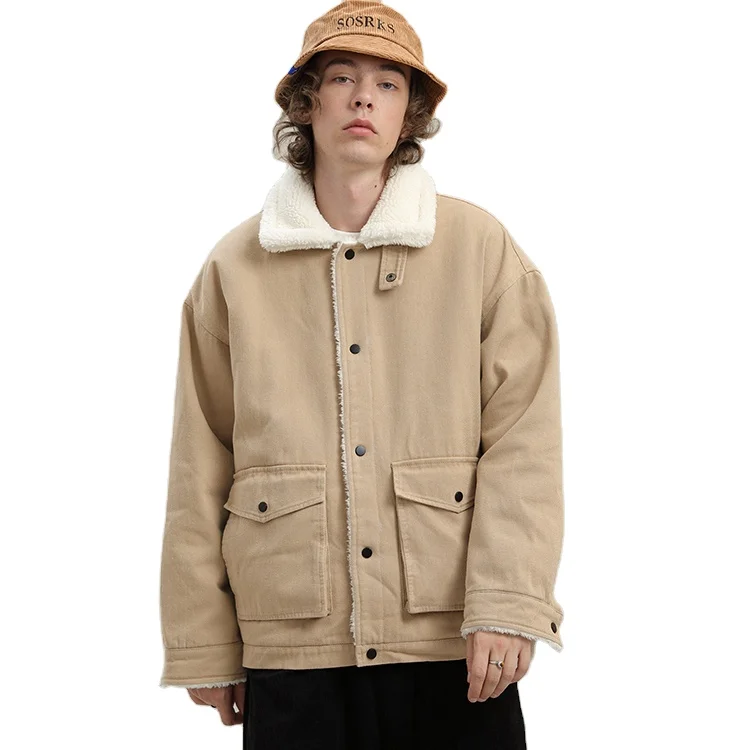 OEM high quality casual solid color Custom logo cotton Fleece with fur outdoor winter coat warm denim Jacket for man