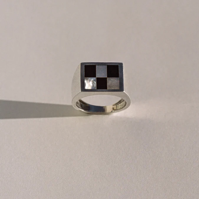 Custom 925 Sterling Silver Onyx Mother of Pearl Chess Inlay Signet Ring for Men