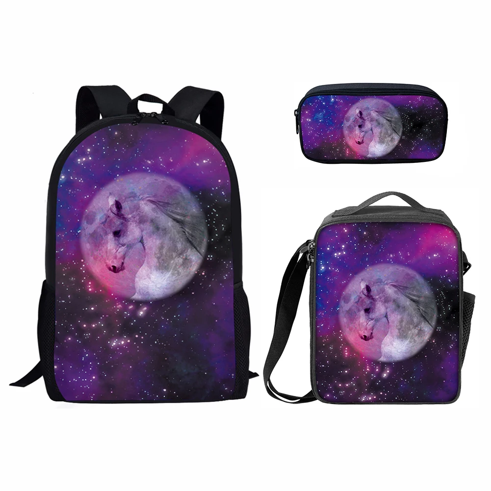 The Galaxy horse print fabric backpack for boys child school bag Lunch Box and Pencil case school bag set for kids Wholesale