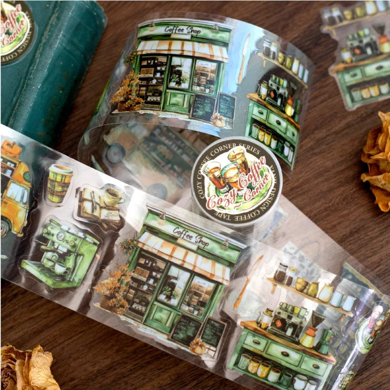 1Roll PET Aquascape Tape Cozy Coffee Corner Series Handbook Material Decorative Collage Base Stickers