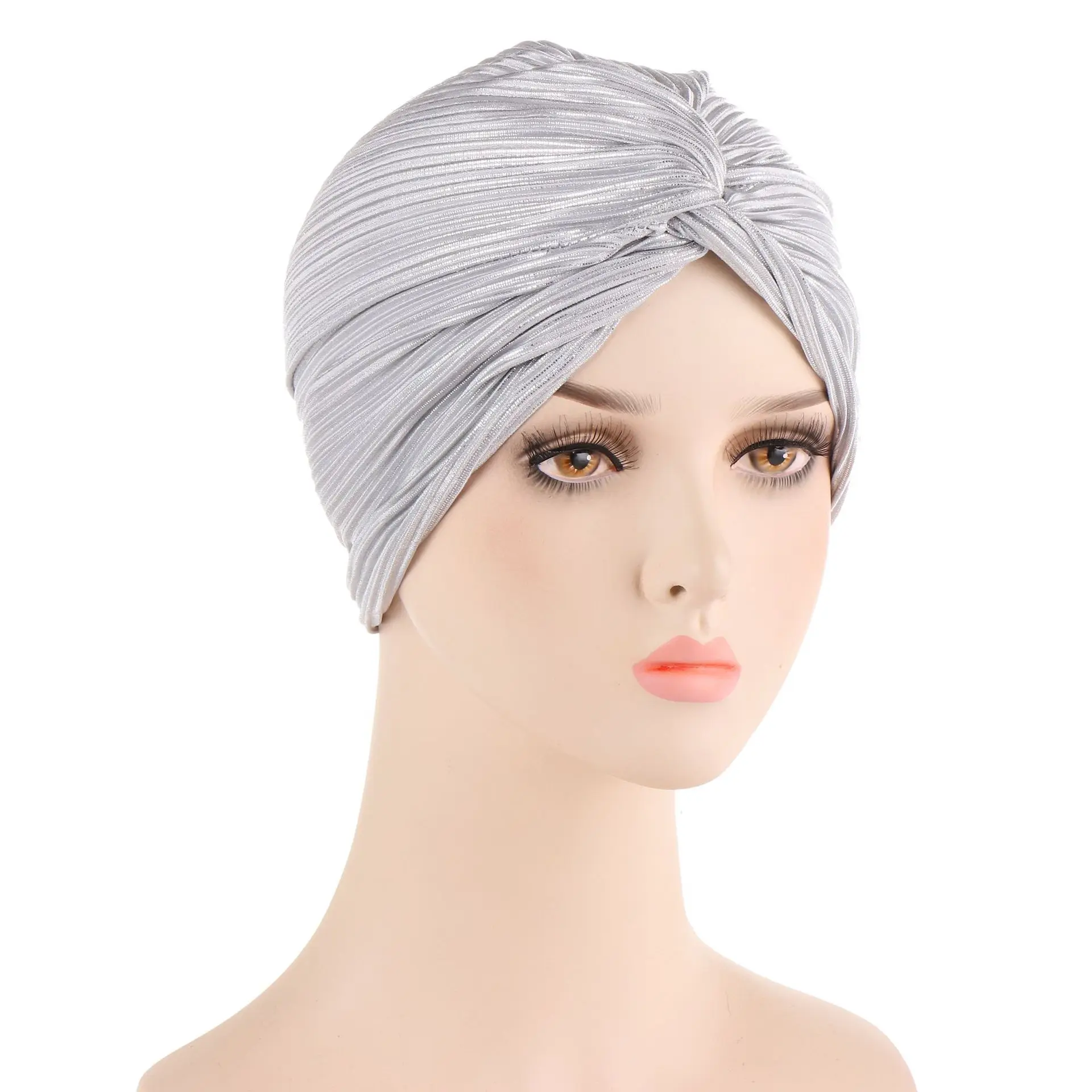 Women Shine Silver Gold Knot Twist Turban Headbands Cap Autumn Winter Warm Headwear Casual Streetwear Female Muslim Indian Hats