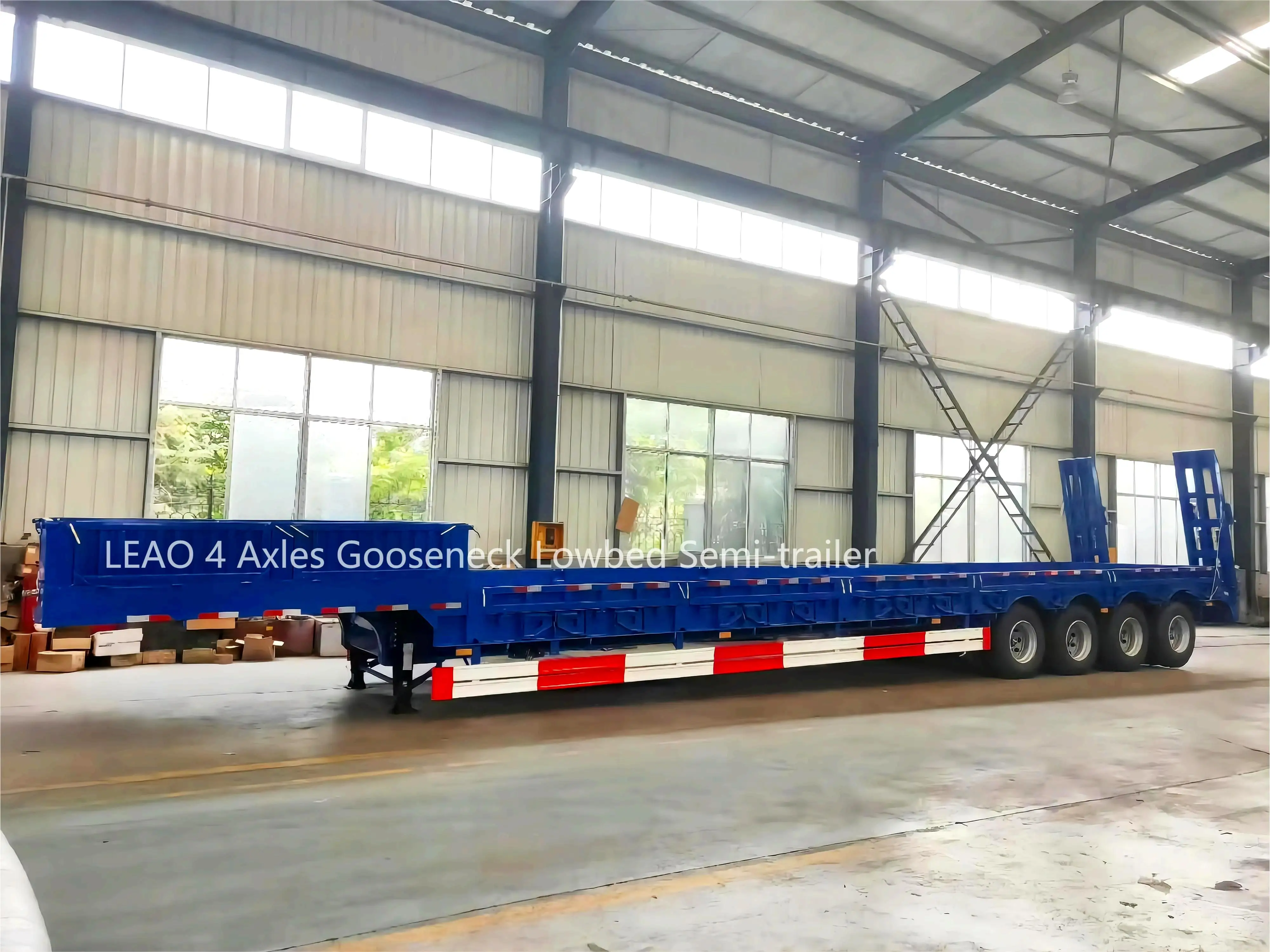 Hydraulic ramp 4 axle 50 ft Excavator Lowboy trailer Low bed loader 100 ton gooseneck lowboy flatbed semi trailer