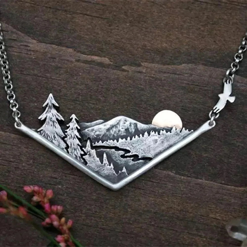 QIFEI Vintage Landscape Sweater Chain Necklace Mountains Forest Sunset Pendant Necklace Stainless Steel